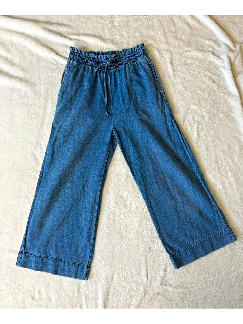 Madewell Womens XS Blue Denim Cotton Wide Leg Cropped Pants Pockets Drawstring
